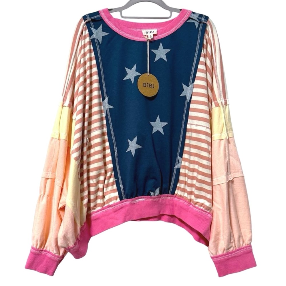 BIBI Sweatshirt Multicolor NEW Stars & Stripes Americana‎ Boho Womens XL